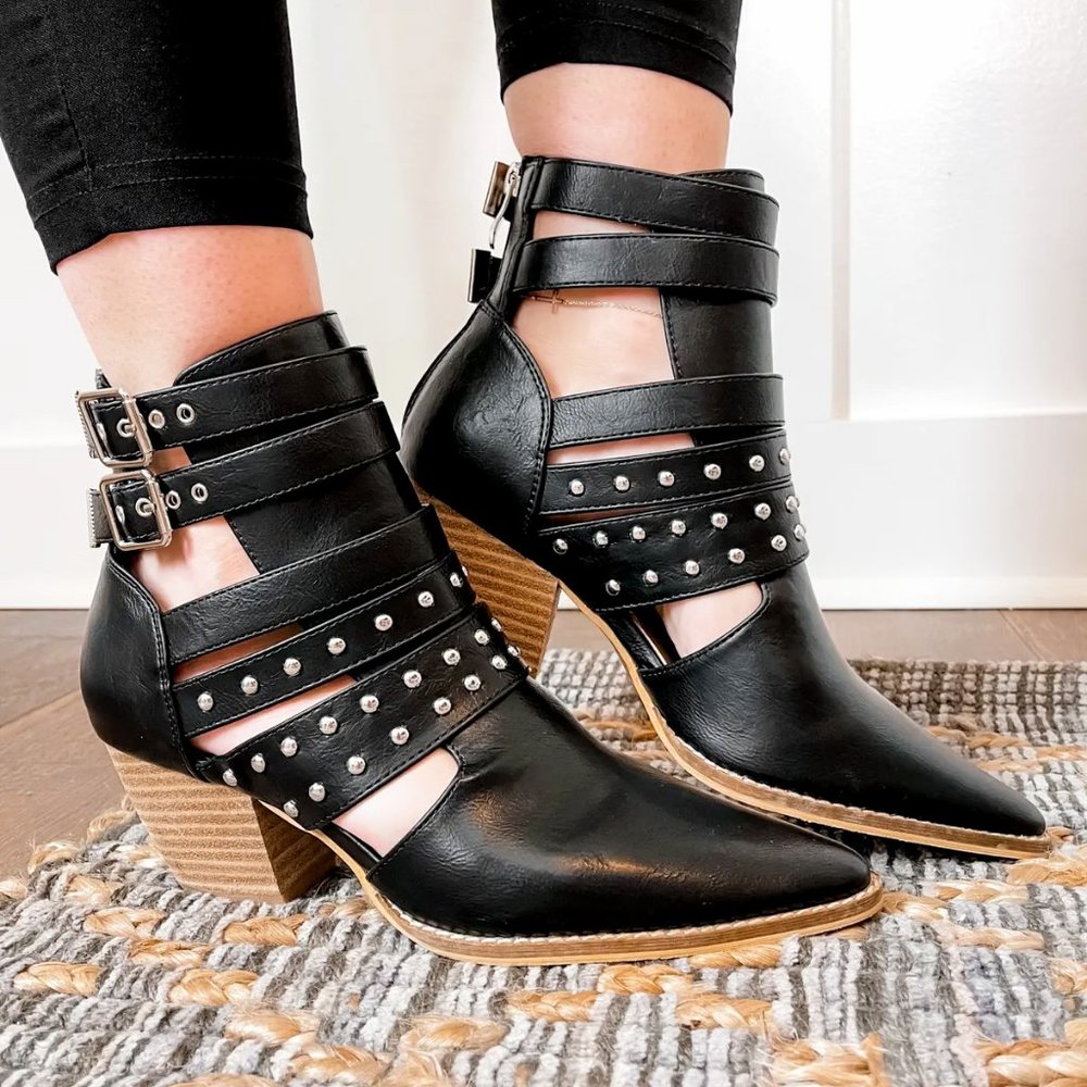NEW Black Studded Cutout Buckle Strap Pointy Toe Block Heel Ankle Booties Vegan - Picture 16 of 16